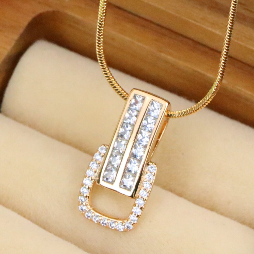 "Modern Geometric Rectangle Rose Gold Pendant with Sparkling Accents, XPPT1282